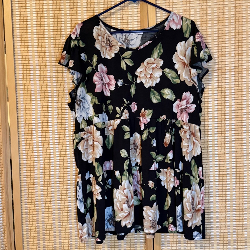Chic Soul Floral Babydoll Top Black Pink Peach Tiered Short Sleeve Blouse XL